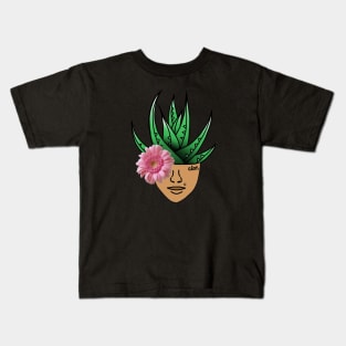 Aloe Plant on a Surreal Human Face, Wearing a Pink Gerber Daisy Eyepatch. Kids T-Shirt